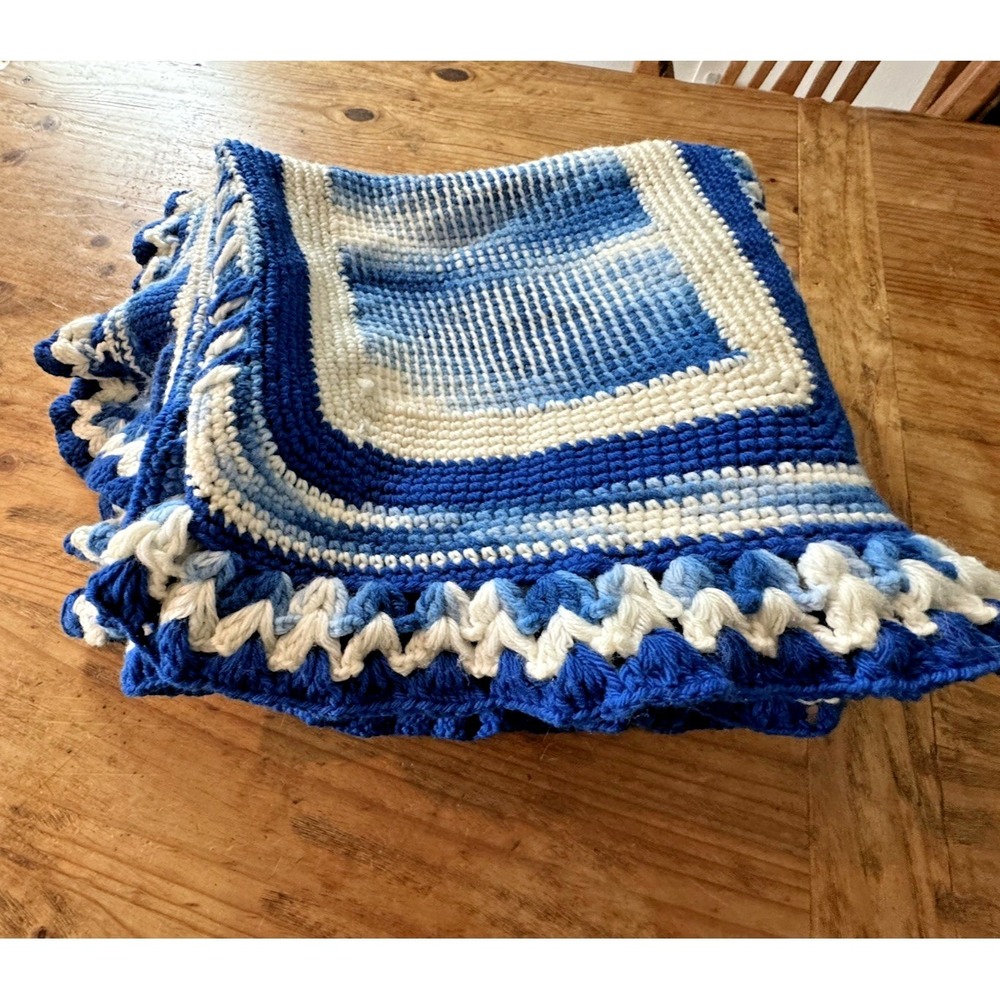 Handmade Crochet Afghan Throw Blue White Artisan Ruffle Shell Border 60 X 72" in - Picture 11 of 13